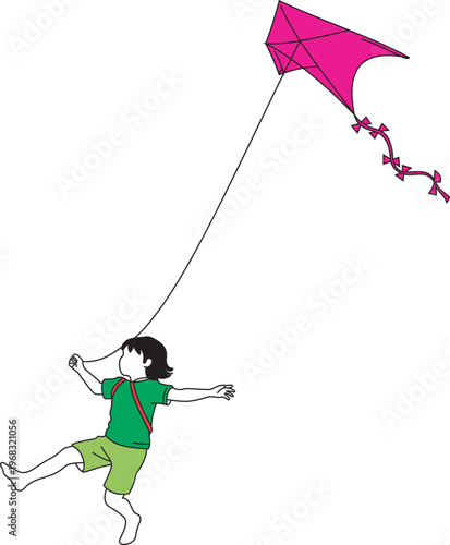 Minimalist vector illustration of a child flying a pink kite, playful boy running with a kite in the wind, outdoor summer activity concept