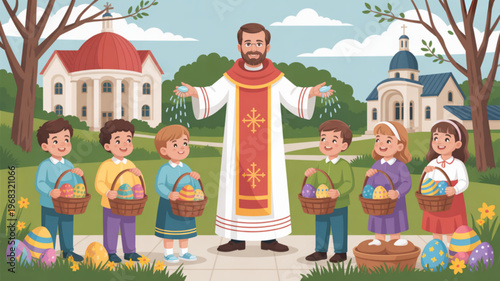 Easter celebration with children and priest colorful eggs and baskets in a churchyard on a sunny day with blue sky