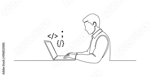 Learning to Code. Minimalistic one-line drawing person typing on laptop with programming symbols visible, continuous single black line on white background,
