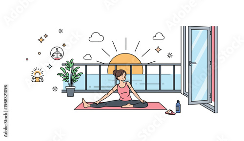 Yoga at sunrise balcony practice concept where a person stretches on a mat overlooking a quiet sunrise while tiny sparkle and star icons highlight calm,