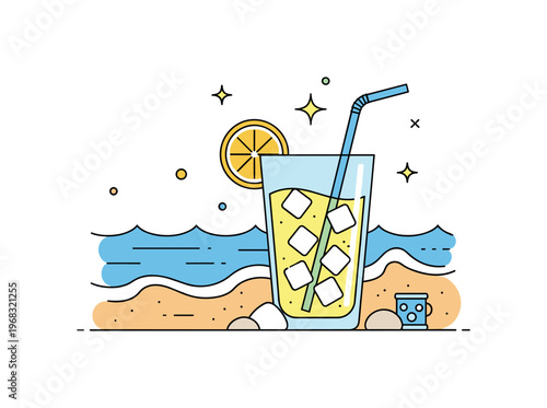 Drinking cold lemonade beach scene concept where a chilled glass rests in the sand near waves while tiny sparkle and star icons highlight relaxation, summer