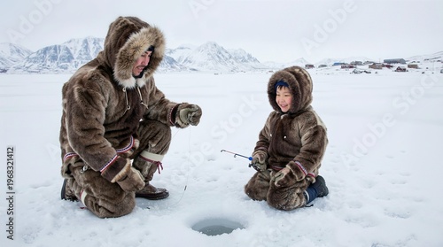 An Inuit father and his young son are ice fishing on a frozen lake in the Arctic, both dressed in warm, traditional fur parkas, with mountains and a village in the background. Generative AI.