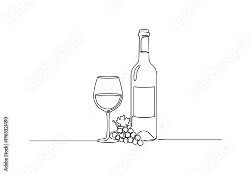 Wine Tasting. Minimalistic one-line drawing wine glass with bottle and grapes, continuous single black line on white background, simple outline style, no