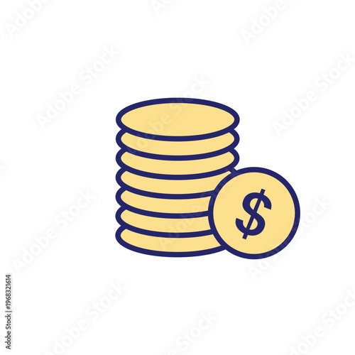 A stack of coins with one coin displaying a dollar sign represents money