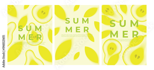Collection of cute summer posters, cards,templates with pear and green leaves blurred outlines. Minimalist cover design template. Creative banner,concept in modern minimal style