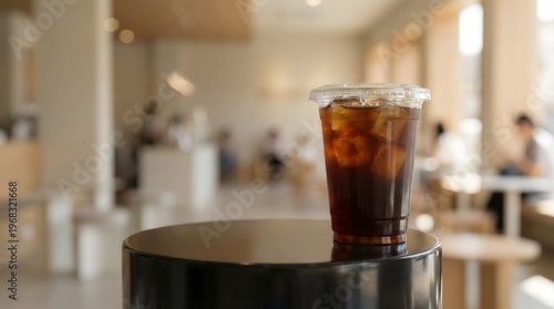 Refreshing iced americano in a clear cafe-style plastic cup with ice cubes and smooth dark coffee tone, presented on a minimal podium with dynamic abstract background, suitable for beverage advertisin