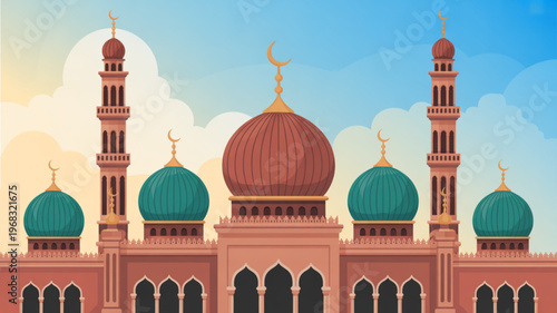 Islamic mosque architecture with green domes and minarets under blue sky