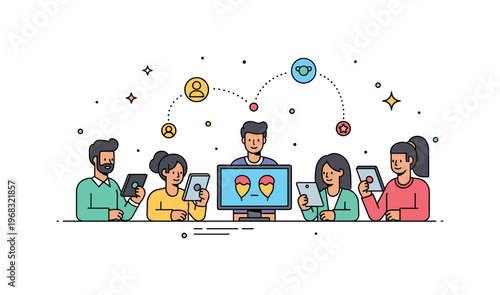 Group of friends virtual meetup concept where people connect via screens while small sparkle and star icons emphasize connection, fun, and digital friendship.