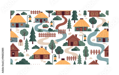 rural living motifs seamless pattern, repeating pattern, surface design, textile print, modern illustration of huts, straw roofs, wooden cabins, trees, bushes,
