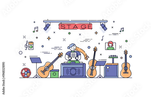 Stage props musical performance concept where instruments and props are arranged on stage while tiny sparkle and line icons highlight rehearsal, preparation,