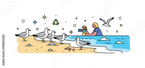 Seagulls scavenging beach scene where birds search for food along the shoreline while tiny sparkle and line icons highlight resourcefulness, coastal ecology,