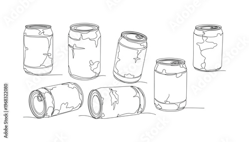 Weathered Metal Cans. Minimalistic one-line drawing rusty tins arranged randomly, continuous single black line on white background, simple outline style, no