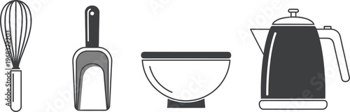 A collection of four basic kitchen utensil icons including a whisk, a scoop, a bowl and a kettle