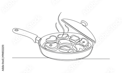 Braised Beef. Minimalistic one-line drawing beef pieces cooking slowly in a covered pan, continuous single black line on white background, simple outline