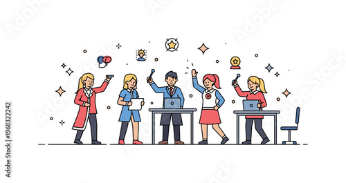 Group cosplay stage performance scene where cosplayers act out a scene together while small sparkle and star icons highlight energy, collaboration, and