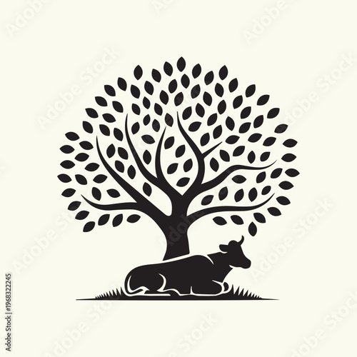 Cow Resting Under a Tree Illustration
