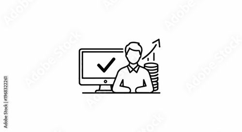 Person at computer with checkmark and upward financial graph