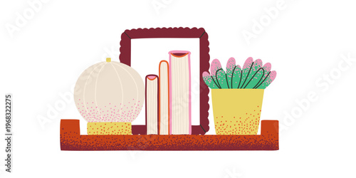 Flat bookshelf with home plant, frame, literature for reading. Home Library, bookstore, market promotion. Hand drawn boockstack illustration.