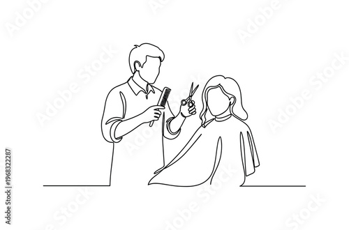 Personal Hair Advice. Minimalistic one-line drawing stylist and client discussing hair style with scissors and comb, continuous single black line on white