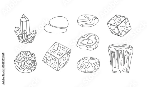 Geological Samples. Minimalistic one-line drawing collection of rocks and minerals with distinct shapes, continuous single black line on white background,