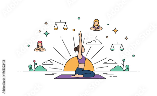 Yoga at sunrise peaceful outdoor scene where a person performs a yoga pose on a mat facing the rising sun while small sparkle and line icons emphasize balance,