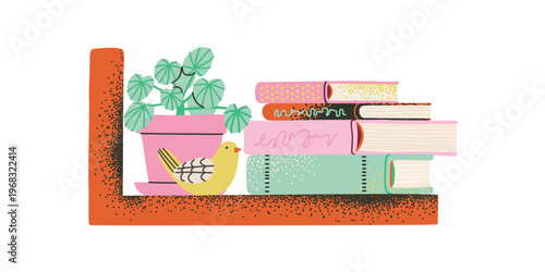 Flat bookshelf with home plant, literature for reading. Home Library, bookstore. Hand drawn boockstack illustration.