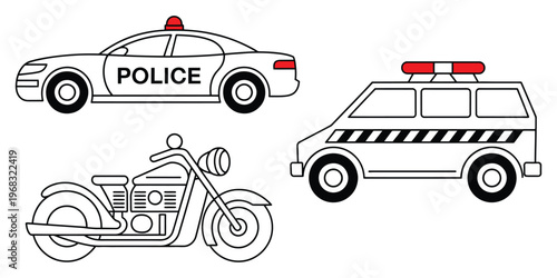 Police transport vehicles icon set including a police car, motorcycle, and van for law enforcement and emergency response services, clean black and white