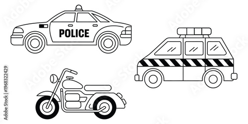 Police transport vehicles icon set including a police car, motorcycle, and van for law enforcement and emergency response services, hand drawn vector illustration in black and white, minimalist design