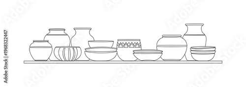 Displaying Ceramic Pots or Decorative Bowls. Minimalistic one-line drawing ceramic pots and decorative bowls arranged on shelf, continuous single black line on