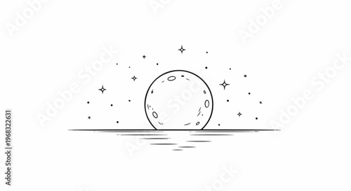 Stylized full moon rises over a calm body of water with stars