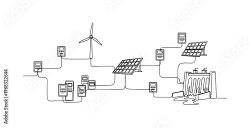 Efficient Grid Management. Minimalistic one-line drawing smart meters and renewable sources connected, continuous single black line on white background, simple
