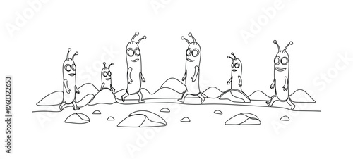 Martian Scene. Minimalistic one-line drawing aliens moving around rocky surface with small hills, continuous single black line on white background, simple
