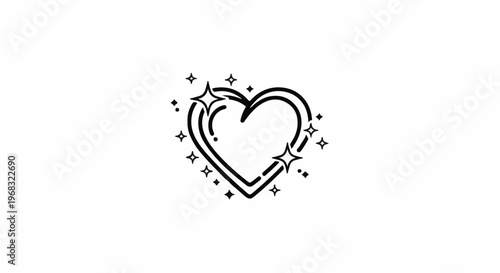 Stylized heart with sparkling stars and dots, simple outline drawing
