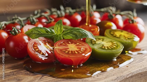Wallpaper Mural Olive oil poured over fresh red and green tomatoes with basil Torontodigital.ca
