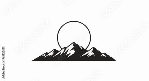 Stylized mountain range silhouette behind a circular sun emblem