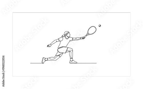 Racquet Sport Scene. Minimalistic one-line drawing player lunging to hit ball with racquet, continuous single black line on white background, simple outline