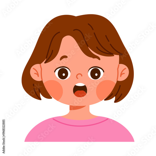 Surprised girl character with wide eyes and mouth. Emotional facial expression concept. Child avatar with shocked emotion. Kid apps and emotion education concept. Isolated vector illustration