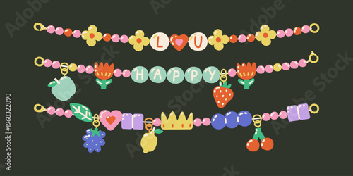 Y2K friendship colorful bracelets set. Handmade beaded jewelry with letters, stars, hearts, and plant. Colorful funky nostalgic DIY accessories in retro doodle style.