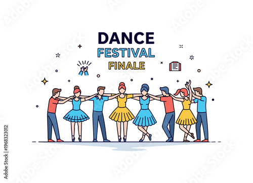Dance festival finale performance concept where all dancers take a bow together while tiny sparkle and star icons highlight achievement, applause,