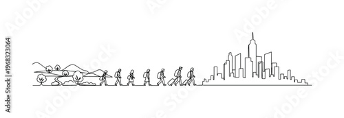 Migration Journey. Minimalistic one-line drawing individuals traveling from countryside to cityscape, continuous single black line on white background, simple