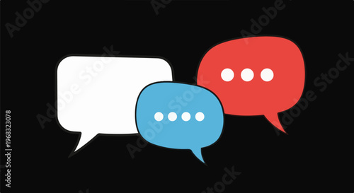 Three colorful speech bubbles, white, blue, and red, with dots