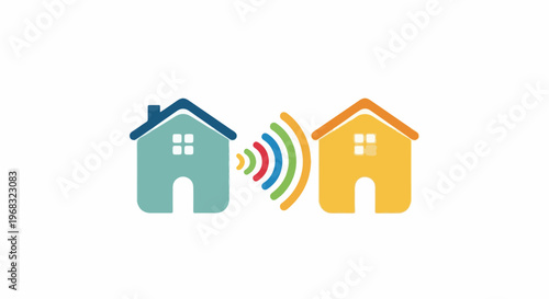 Two houses, one blue, one yellow, communicate with colored waves