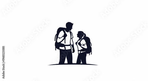 Two hikers stand together, silhouetted against a white background