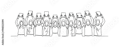 Education Inclusion. Minimalistic one-line drawing diverse students raising books together, continuous single black line on white background, simple outline