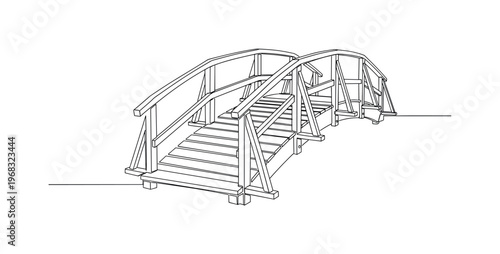 Rustic Wooden Bridge. Minimalistic one-line drawing small wooden footbridge with beams and handrails, continuous single black line on white background, simple