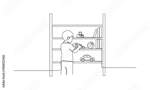 Child Tidying Toys. Minimalistic one-line drawing child arranging toys neatly on shelves, continuous single black line on white background, simple outline