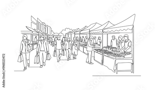 Street Shopping. Minimalistic one-line drawing pedestrians carrying bags while vendors sell products outdoors, continuous single black line on white