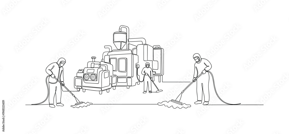 Obraz premium Sanitizing Industrial Space. Minimalistic one-line drawing workers cleaning machinery and floor area, continuous single black line on white background, simple
