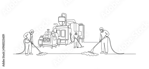 Sanitizing Industrial Space. Minimalistic one-line drawing workers cleaning machinery and floor area, continuous single black line on white background, simple