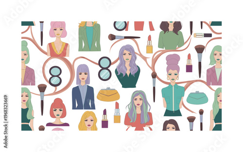 fashion glamour seamless pattern, repeating pattern, surface design, textile print, modern illustration of models with striking makeup, colorful hairstyles,